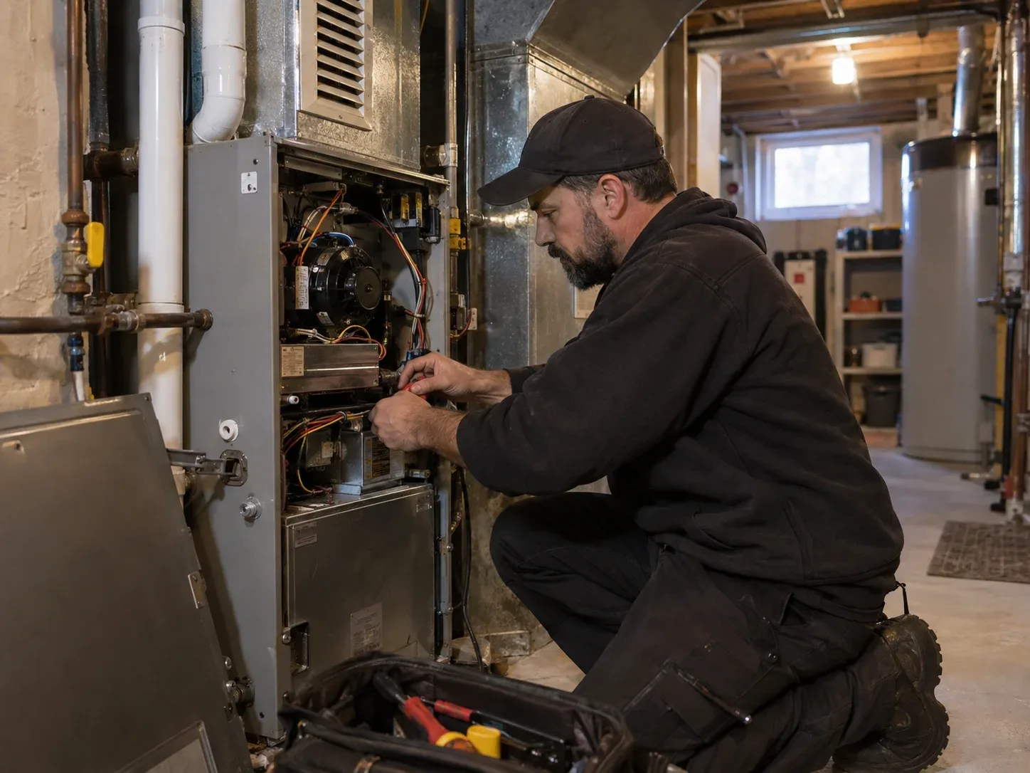 Technicien en chauffage réparant une fournaise à air pulsé dans une maison à Montréal