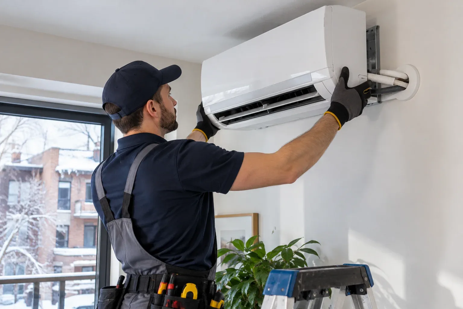 Technicien installant une thermopompe murale dans une maison à Montréal