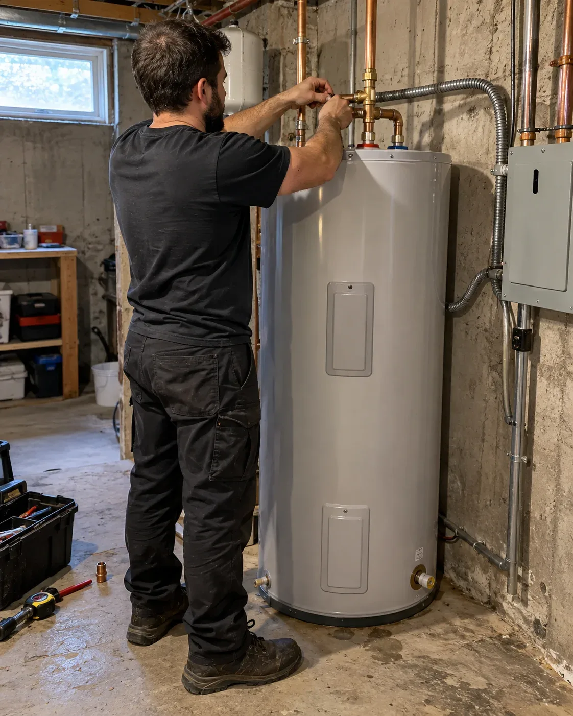 Technicien installant un chauffe-eau électrique dans un sous-sol à Montréal