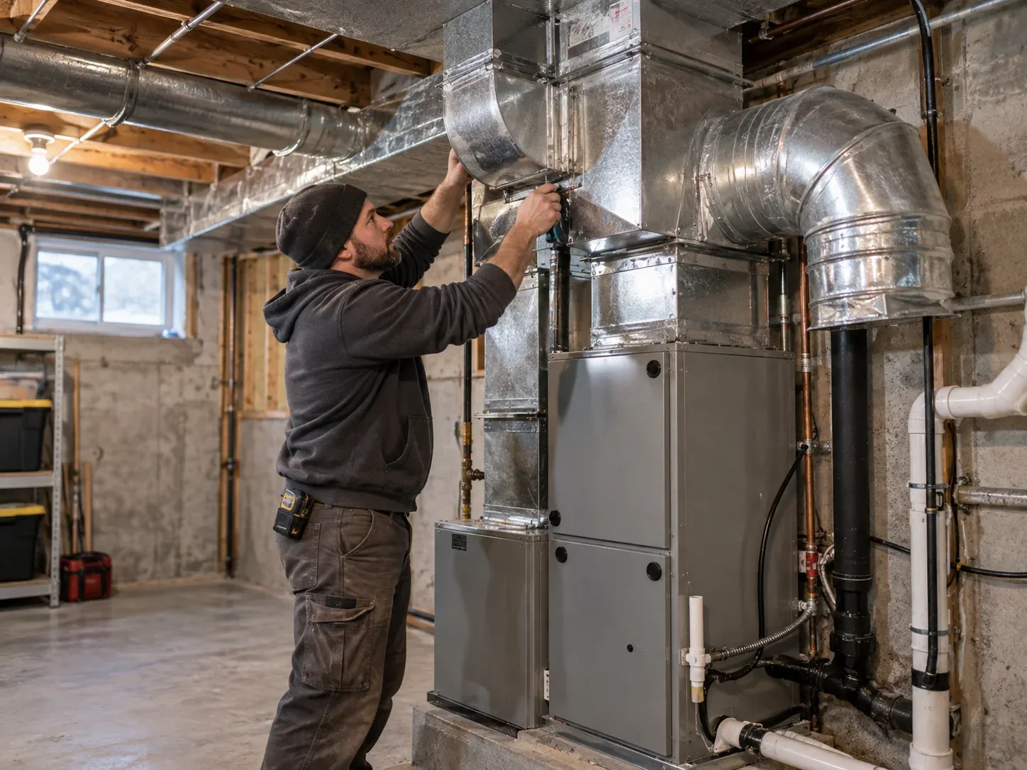 Technicien installant une unité de traitement d'air centrale avec conduits de ventilation dans le sous-sol d'une maison à Montréal